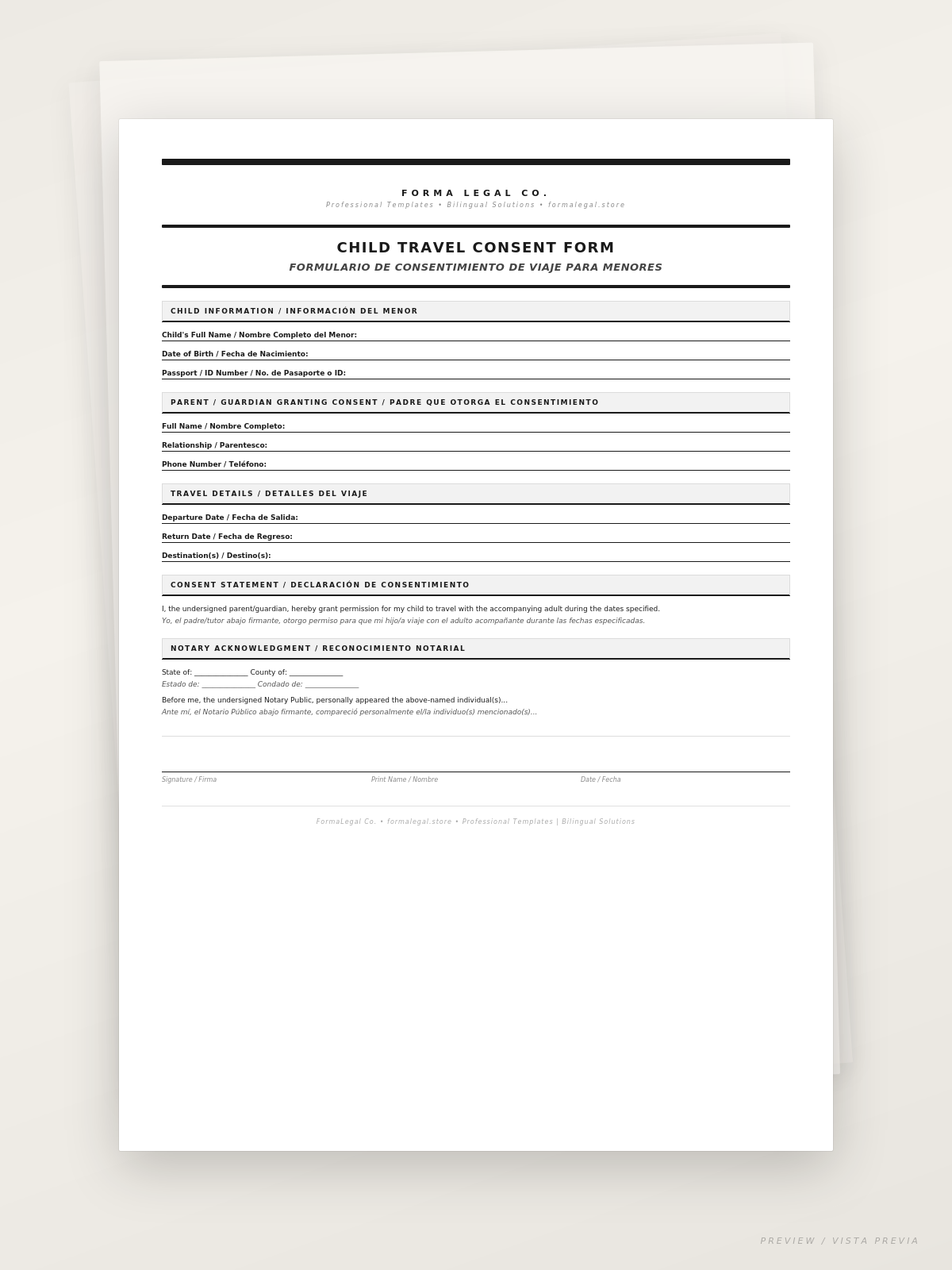 Child Travel Consent Form/Formulario de Consentimiento de Viaje para Menores (Bilingual EN/ES)