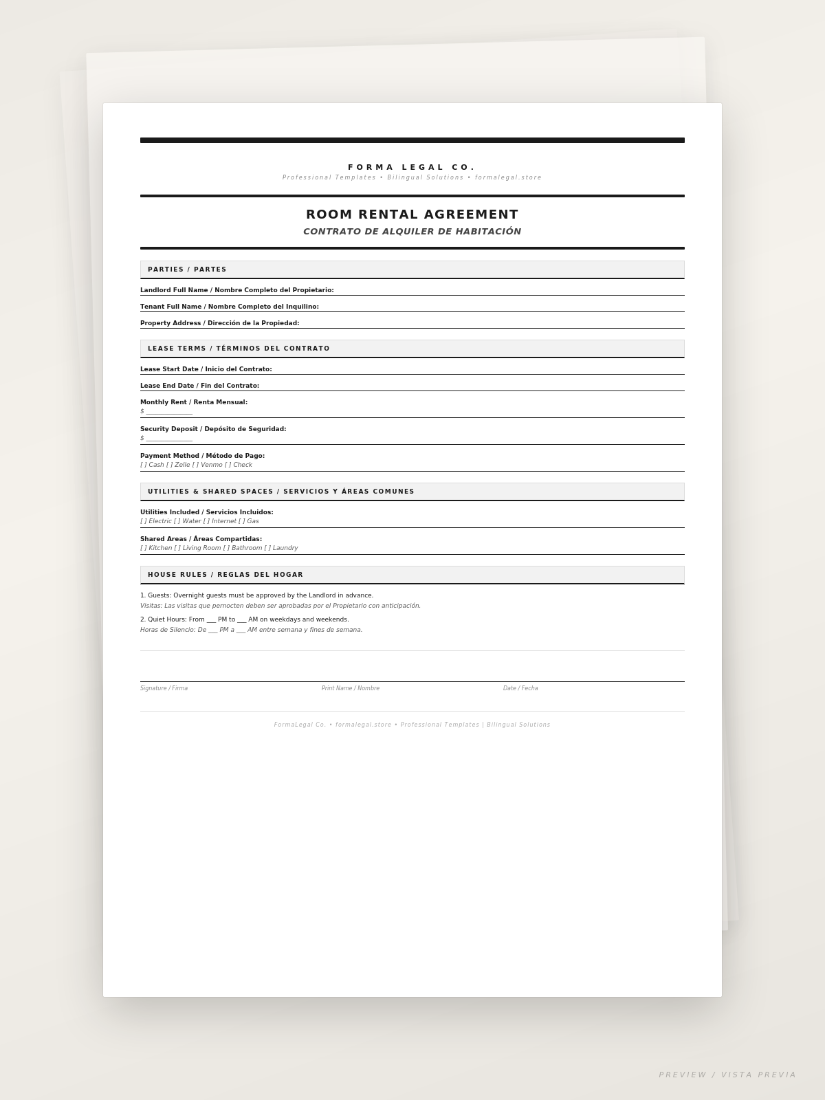 Room Rental Agreement/Contrato de Alquiler de Habitación (Bilingual EN/ES)