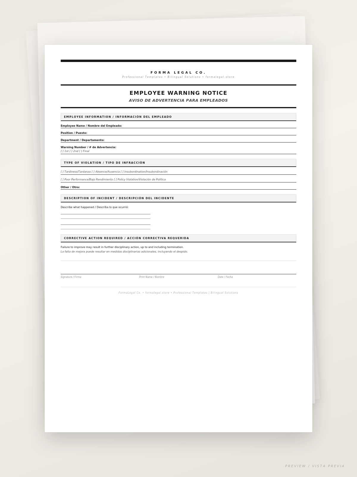 Employee Warning Notice/Aviso de Advertencia para Empleados (Bilingual EN/ES)