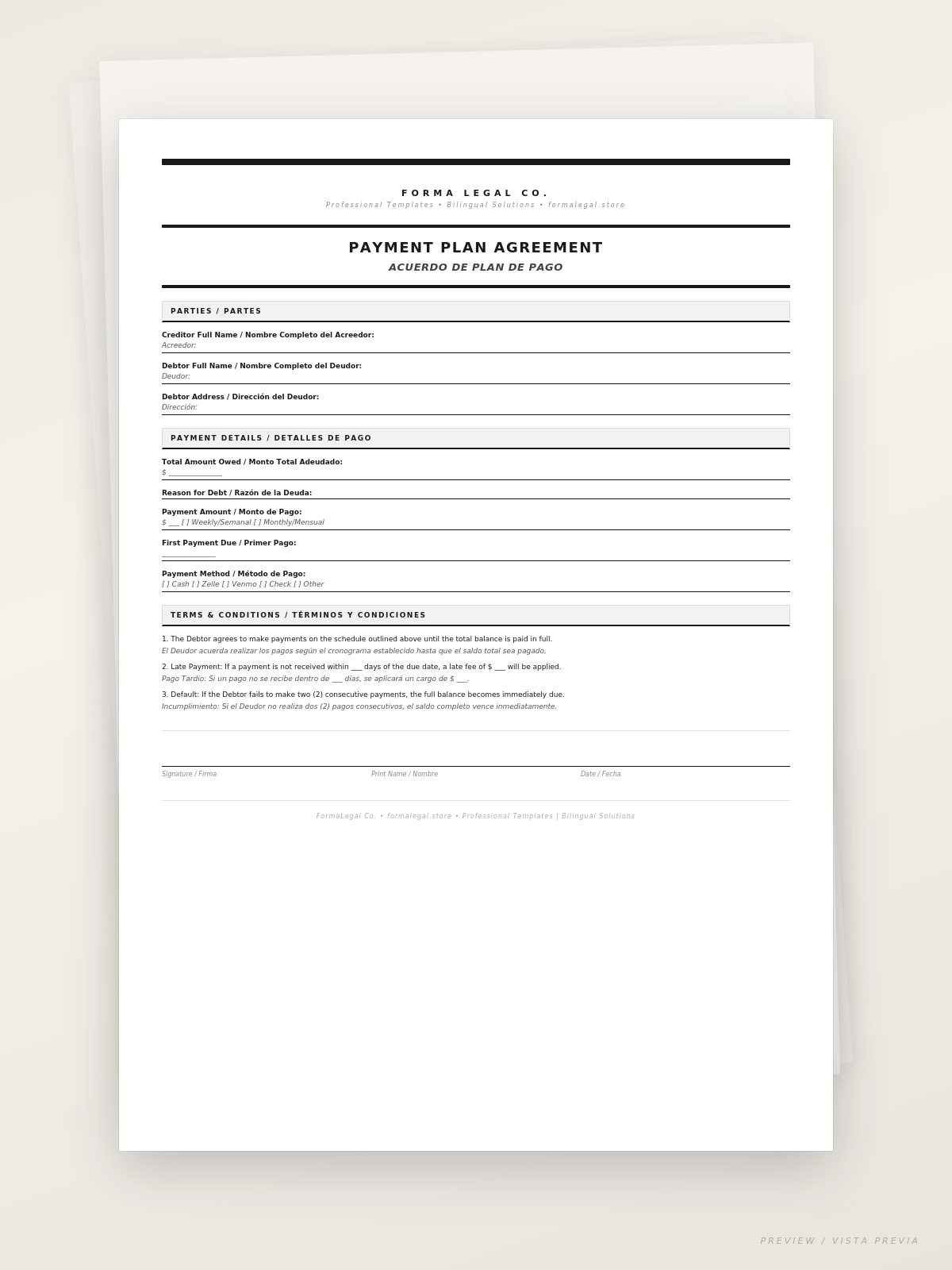Payment Plan Agreement/Acuerdo de Pago (Bilingual EN/ES)