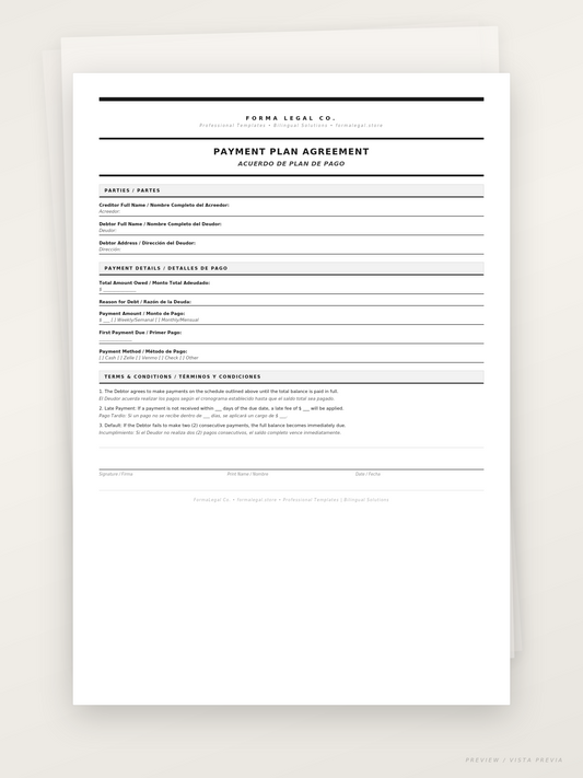 Payment Plan Agreement/Acuerdo de Pago (Bilingual EN/ES)