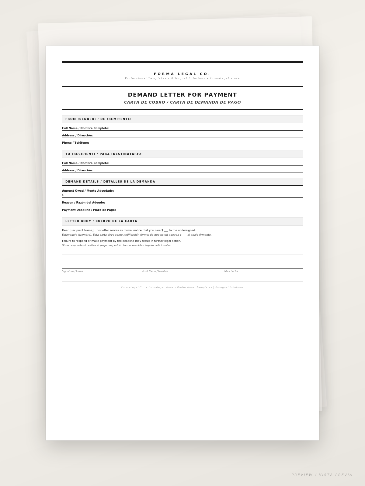 Demand Letter for Payment/Carta de Demanda de Pago (Bilingual EN/ES)