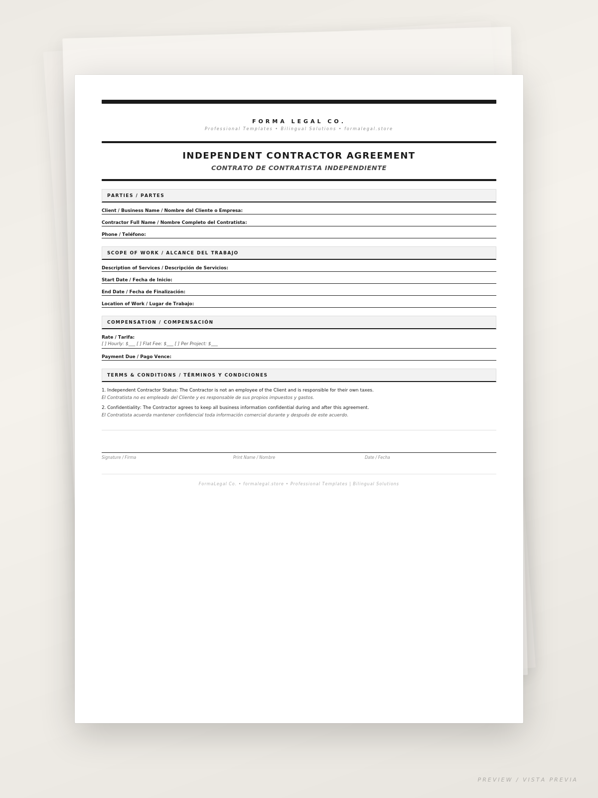 Independent Contractor Agreement/ Contrato de Contratista Independiente (Bilingual EN/ES)