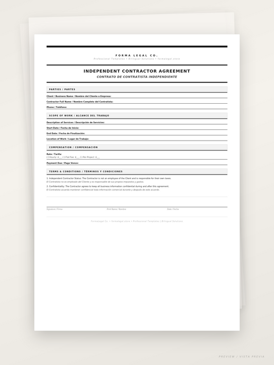 Independent Contractor Agreement/ Contrato de Contratista Independiente (Bilingual EN/ES)