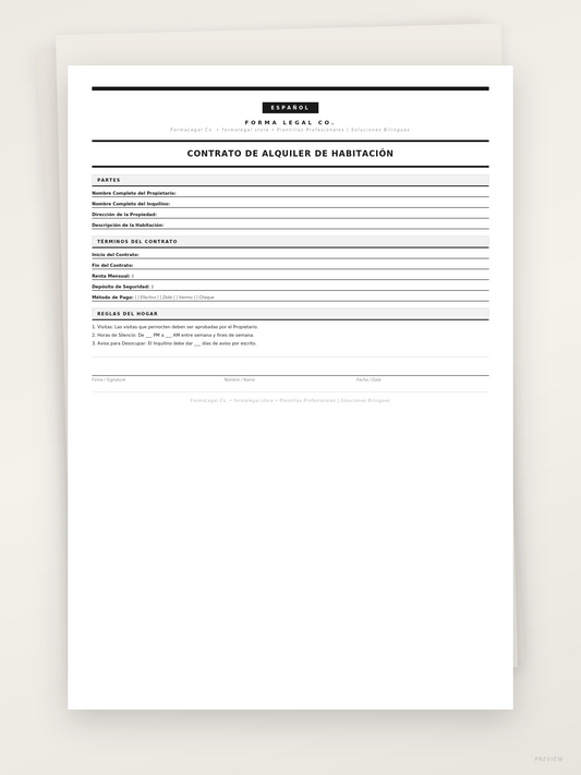Contrato de Alquiler de Habitación (Solo en Español)